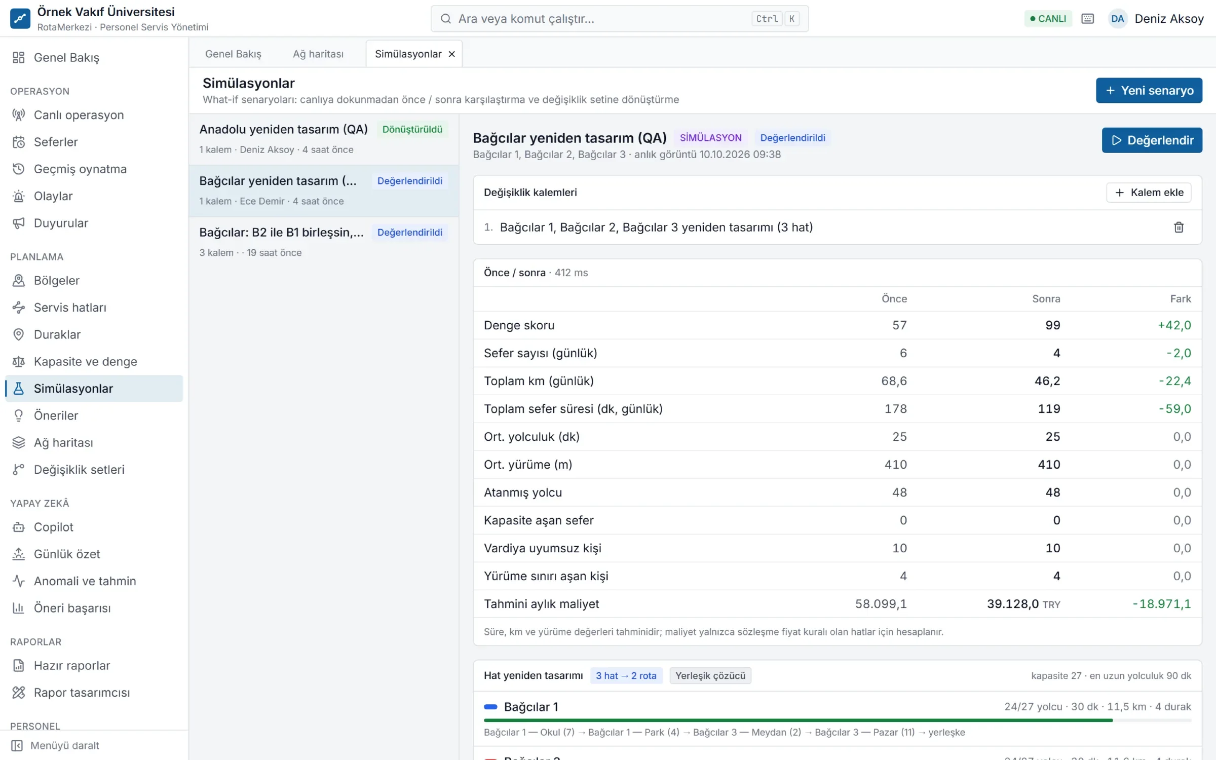 RotaMerkezi senaryo ekranı: optimizasyonla hat yeniden tasarımı