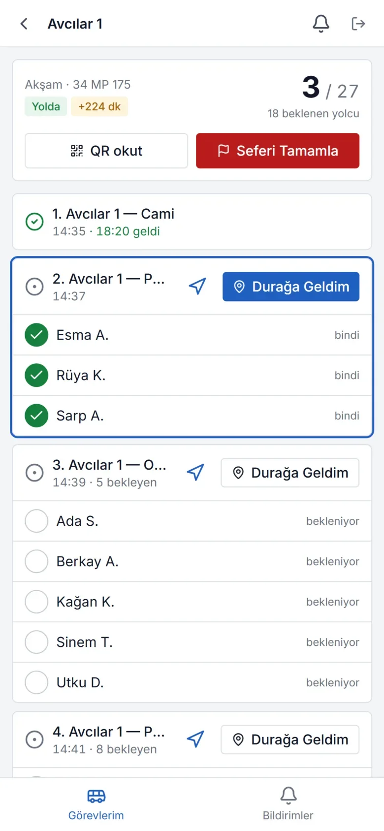 RotaMerkezi şoför uygulaması: sefer ve biniş ekranı
