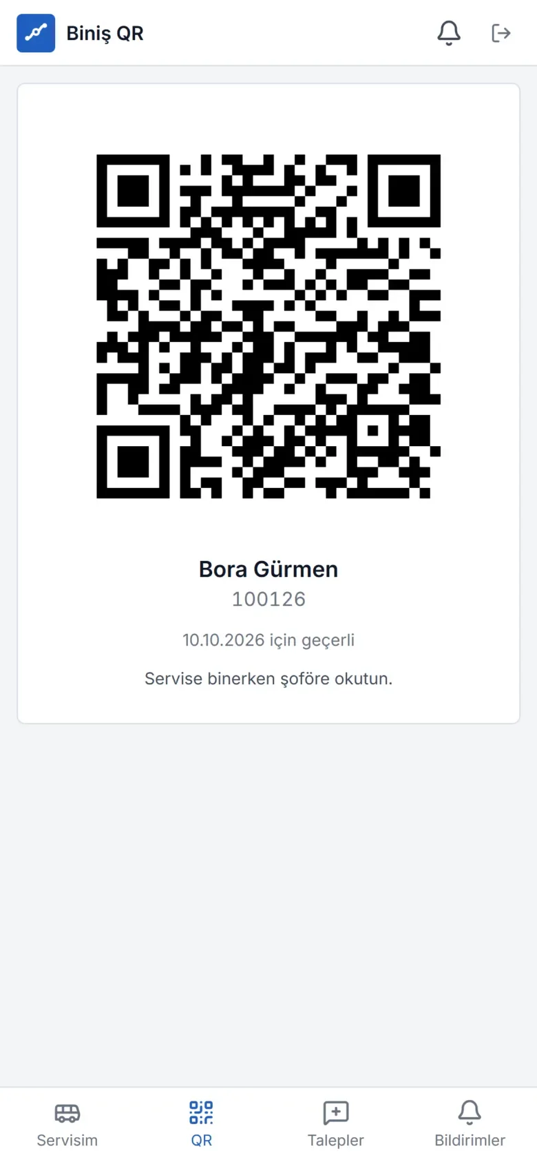 RotaMerkezi personel portalı: biniş QR kodu